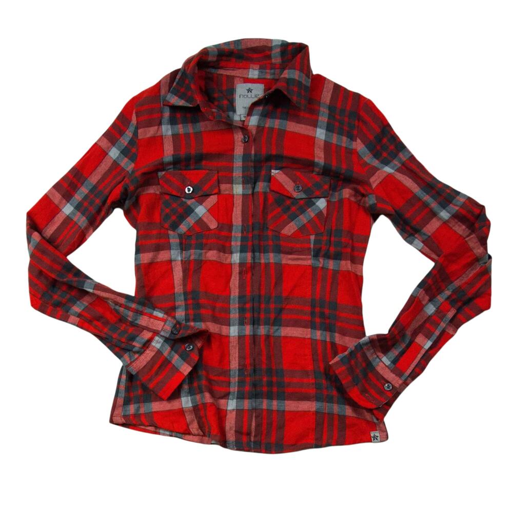 Nollie Skater Hipster The Slim Fit Red Plaid Button Down 2 Front Flap Pocket S